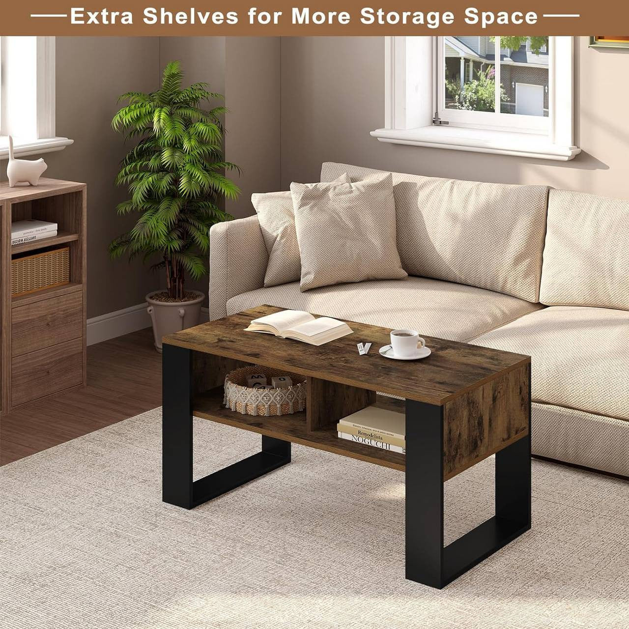 24goodz Modern Coffee Table - Sturdy Construction - Ample Storage Space - E1 Wood Material - Black and Light Oak - 90 x 45 x 45 cm