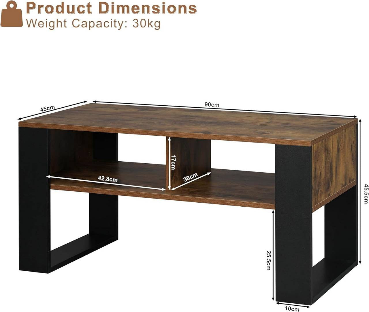 24goodz Modern Coffee Table - Sturdy Construction - Ample Storage Space - E1 Wood Material - Black and Light Oak - 90 x 45 x 45 cm