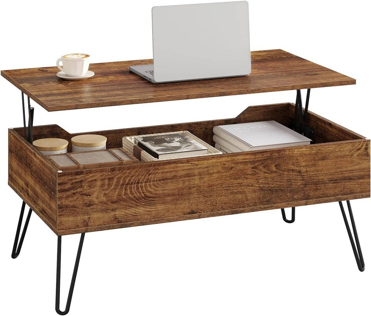 24goodz Adjustable Coffee Table - Hidden Storage Space - Sturdy Metal Legs - E1 Wood - For Living Rooms - Vintage Wood Look + Black