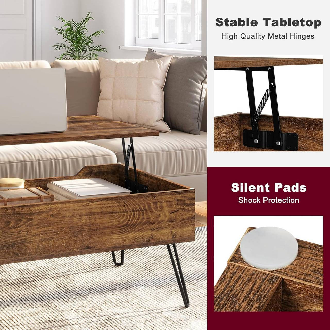 24goodz Adjustable Coffee Table - Hidden Storage Space - Sturdy Metal Legs - E1 Wood - For Living Rooms - Vintage Wood Look + Black