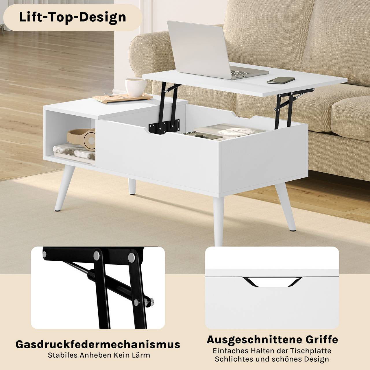 24goodz Adjustable Coffee Table - Versatile Lift-Top Design - E1 Wood and Metal - White - 100 x (43-57) x 50 cm