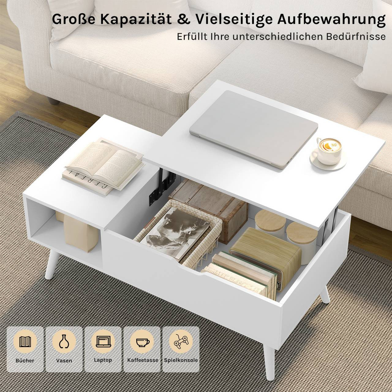 24goodz Adjustable Coffee Table - Versatile Lift-Top Design - E1 Wood and Metal - White - 100 x (43-57) x 50 cm