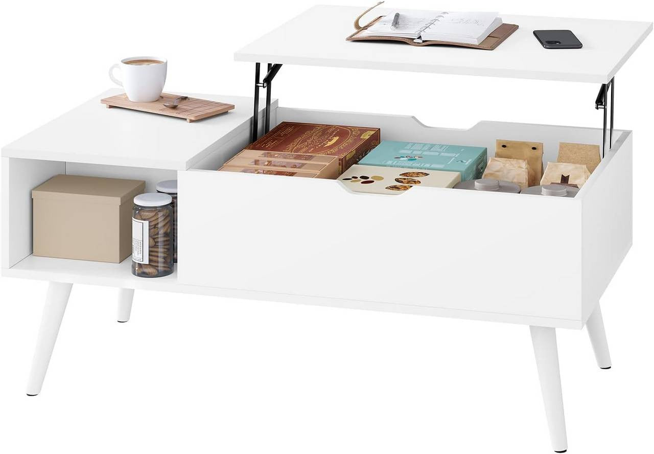 24goodz Adjustable Coffee Table - Versatile Lift-Top Design - E1 Wood and Metal - White - 100 x (43-57) x 50 cm