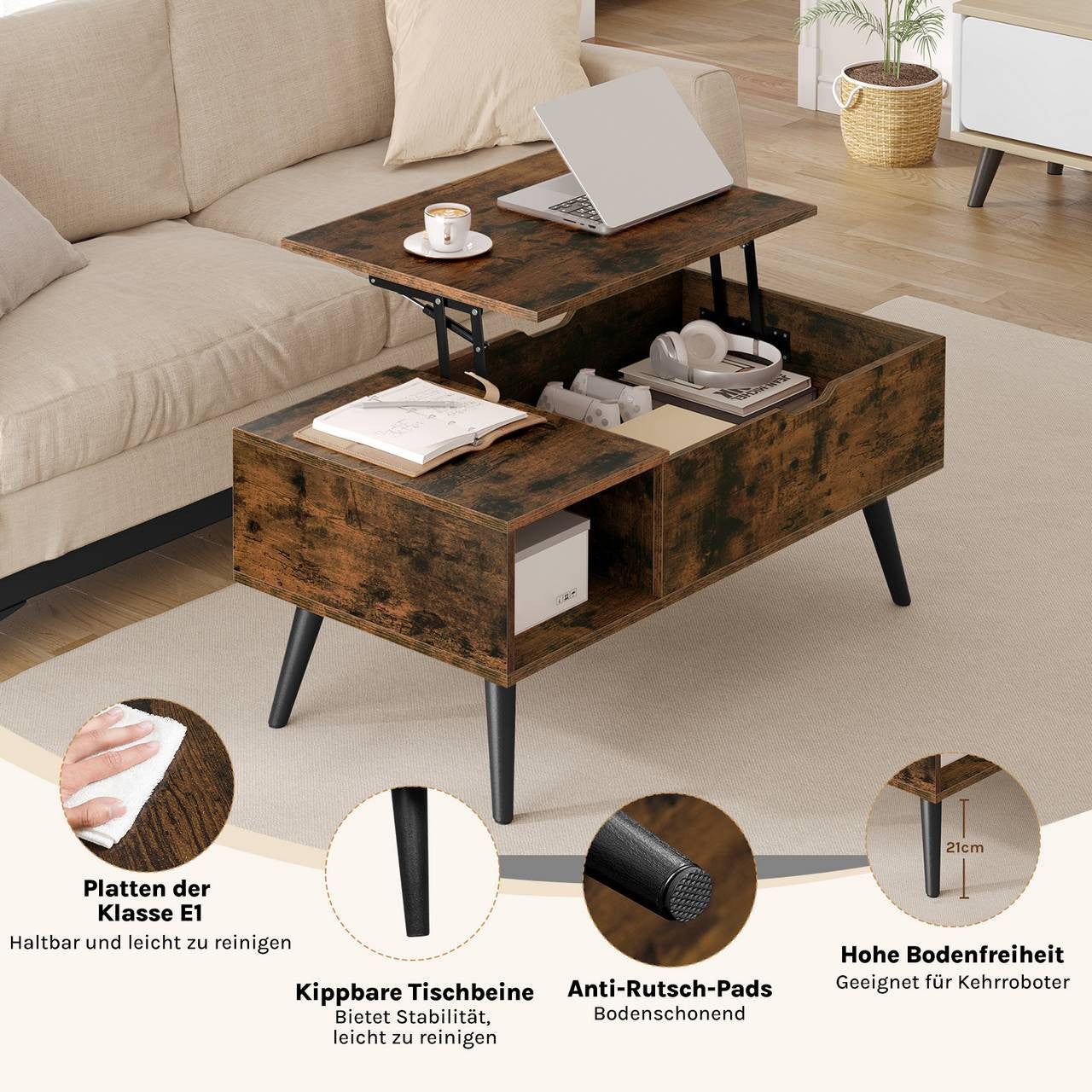24goodz Adjustable Coffee Table - Ample Storage Space - Durable E1 Wood - For Living Room - Rustic Brown