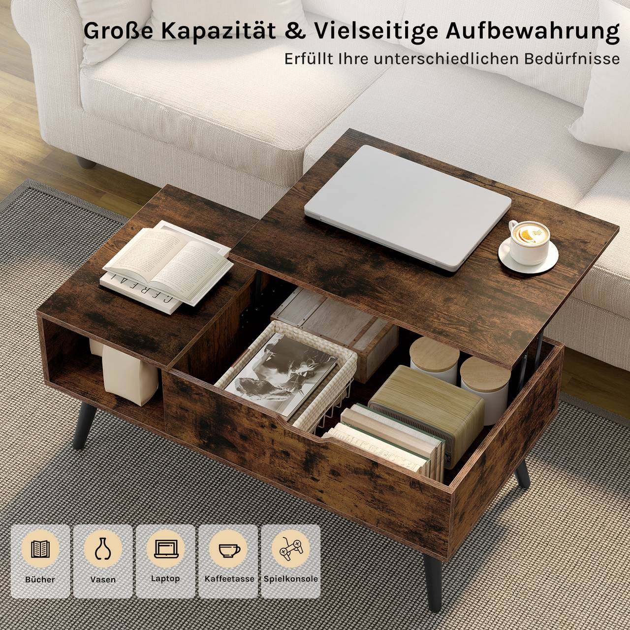 24goodz Adjustable Coffee Table - Ample Storage Space - Durable E1 Wood - For Living Room - Rustic Brown