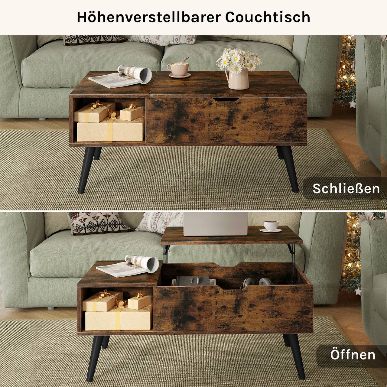 24goodz Adjustable Coffee Table - Ample Storage Space - Durable E1 Wood - For Living Room - Rustic Brown