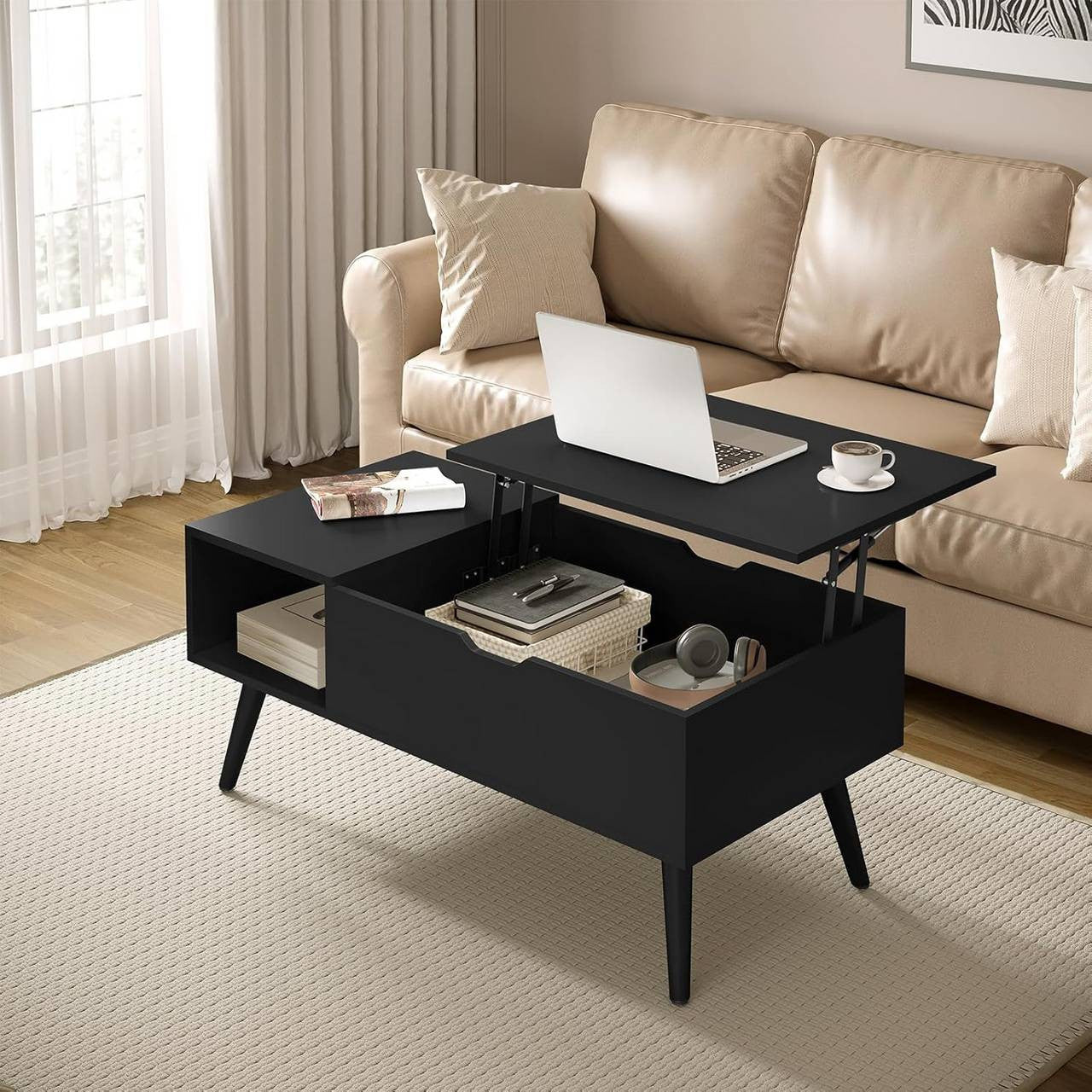 24goodz Adjustable Coffee Table - Versatile Lift-Top Design - E1 Wood and Metal - Black - 100 x (43-57) x 50 cm