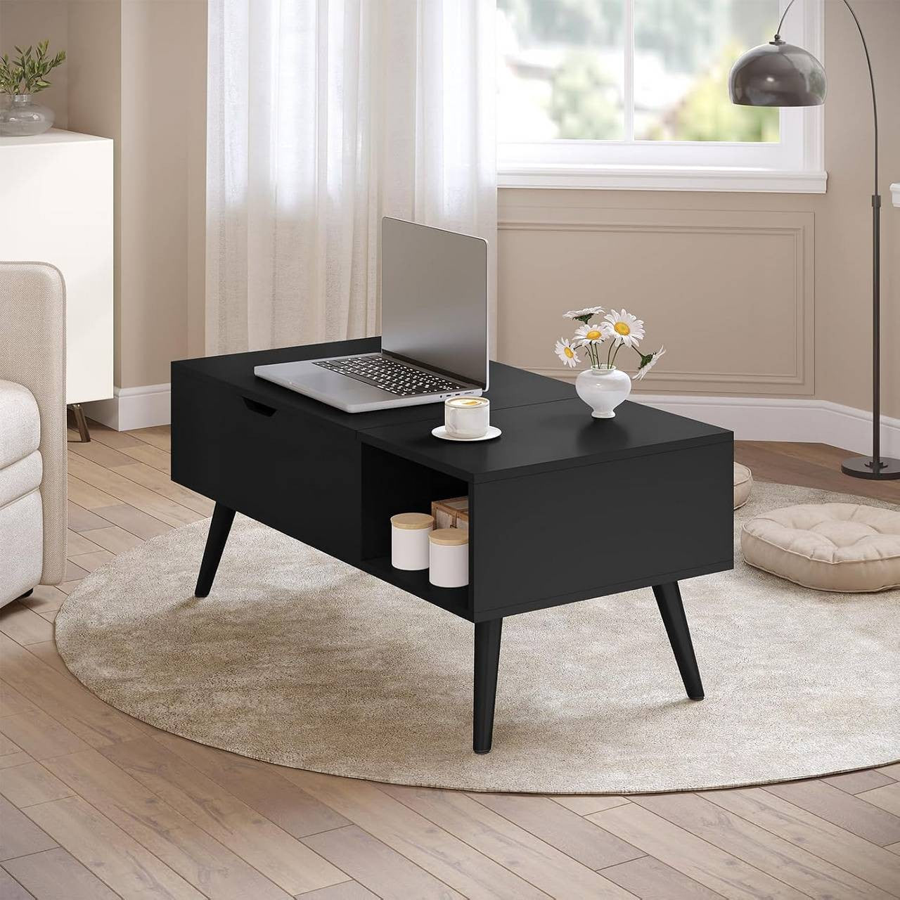 24goodz Adjustable Coffee Table - Versatile Lift-Top Design - E1 Wood and Metal - Black - 100 x (43-57) x 50 cm