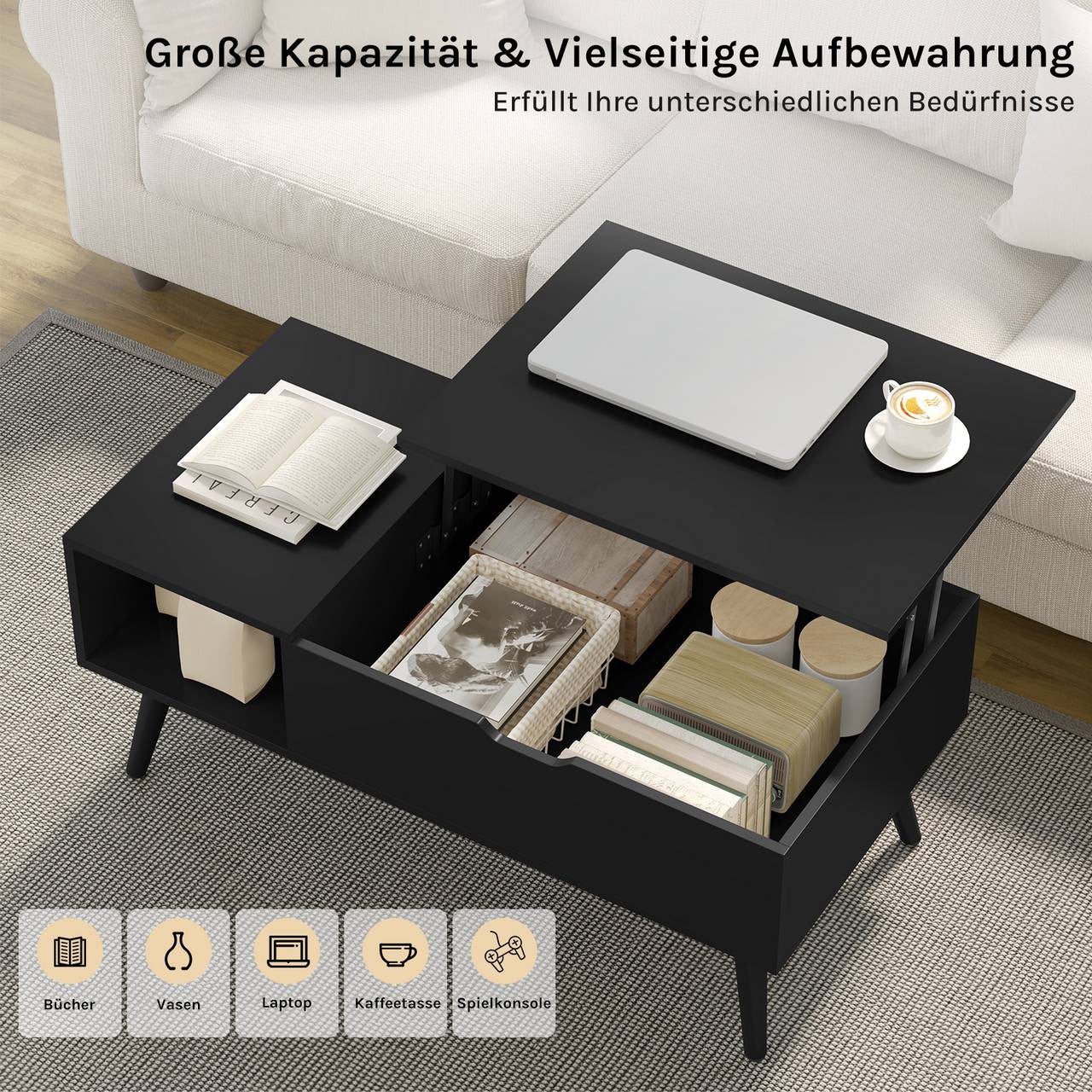 24goodz Adjustable Coffee Table - Versatile Lift-Top Design - E1 Wood and Metal - Black - 100 x (43-57) x 50 cm
