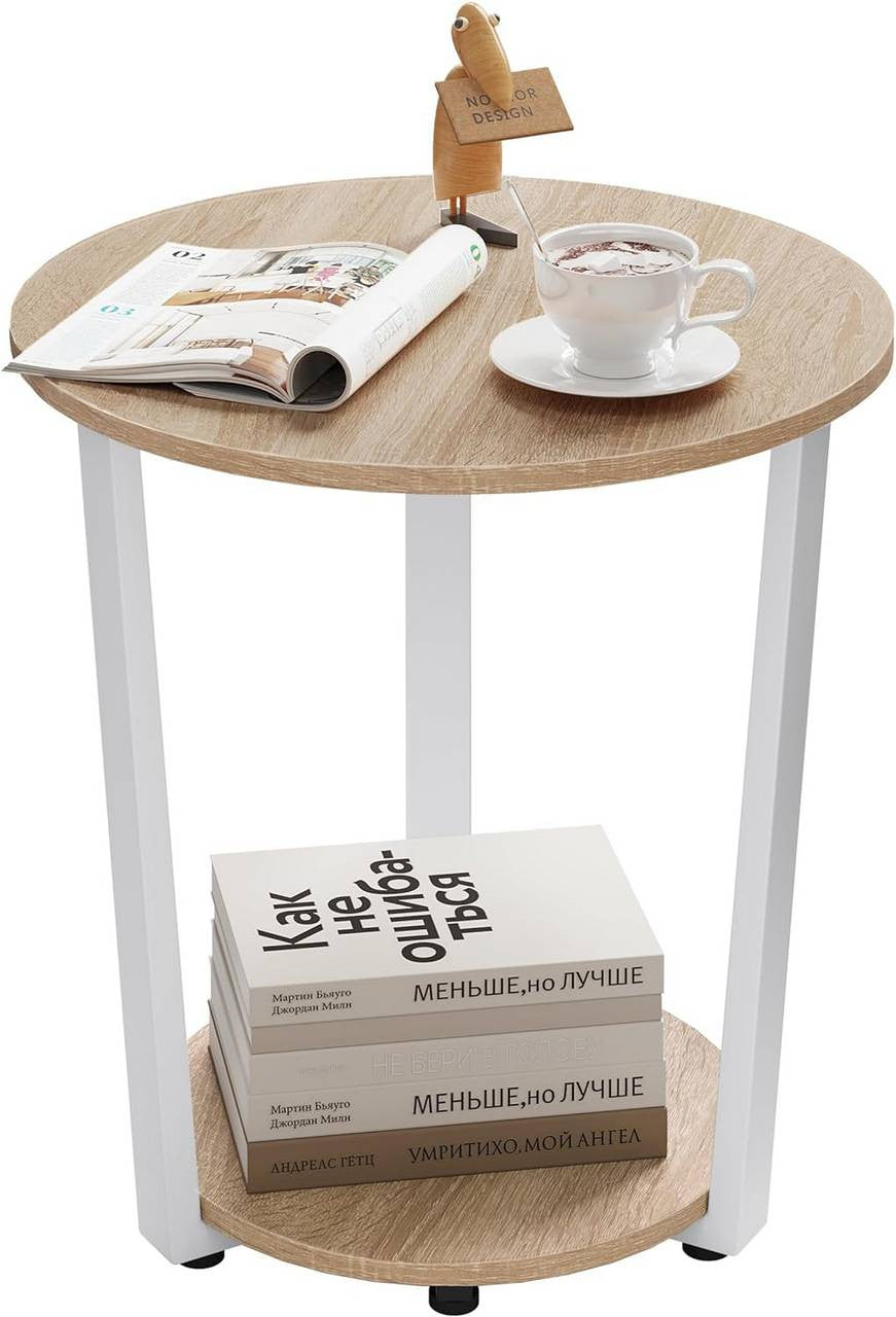 24goodz Round Side Table - Ample Storage Space - Chic & Versatile - Wood and Metal - Light Oak + Black - Ø 50 x 53 cm