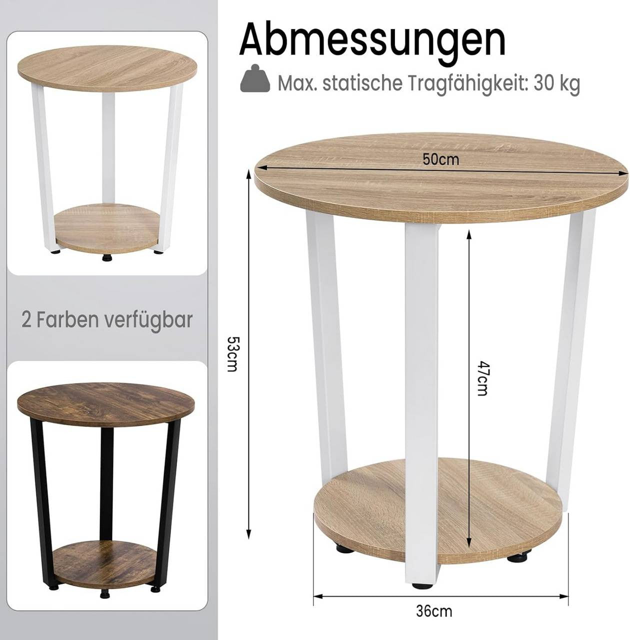 24goodz Round Side Table - Ample Storage Space - Chic & Versatile - Wood and Metal - Light Oak + Black - Ø 50 x 53 cm