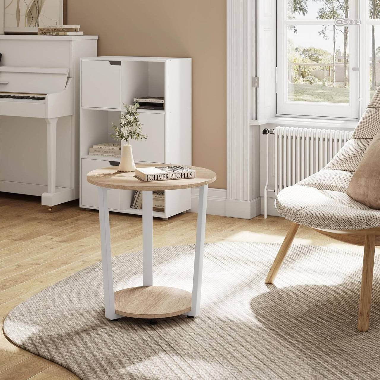 24goodz Round Side Table - Ample Storage Space - Chic & Versatile - Wood and Metal - Light Oak + Black - Ø 50 x 53 cm