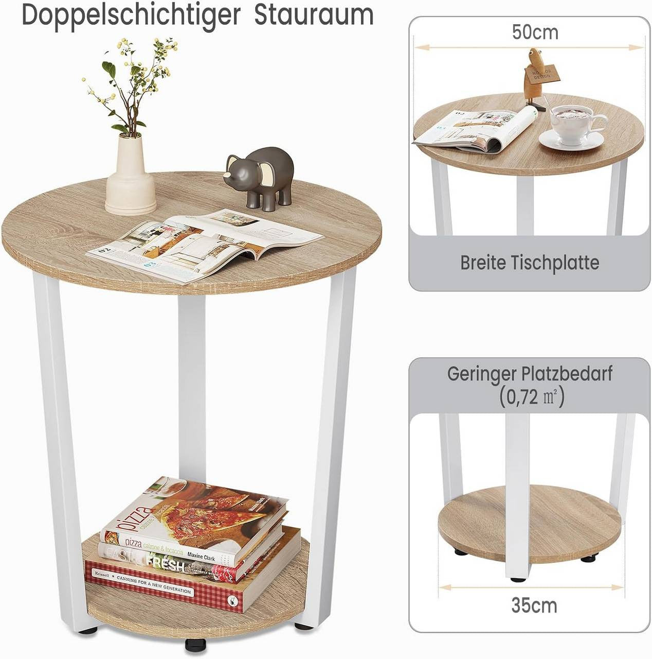 24goodz Round Side Table - Ample Storage Space - Chic & Versatile - Wood and Metal - Light Oak + Black - Ø 50 x 53 cm