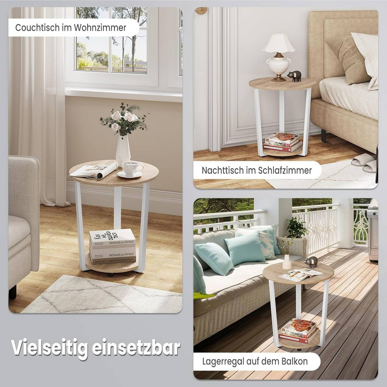 24goodz Round Side Table - Ample Storage Space - Chic & Versatile - Wood and Metal - Light Oak + Black - Ø 50 x 53 cm