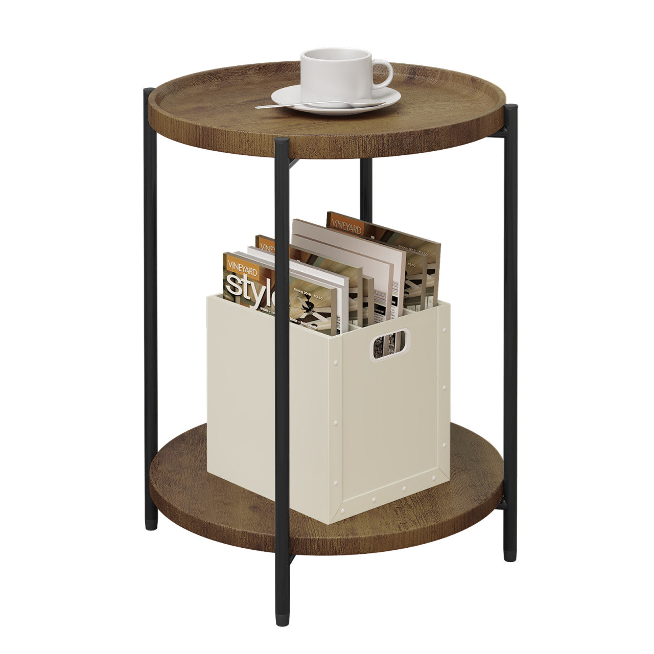24goodz Round Coffee Table with 2 Shelves - Detachable Table Top - Sturdy Metal Frame - MDF + Metal - Vintage Wood Grain - 43.2 x 49.5 x 43.2 cm