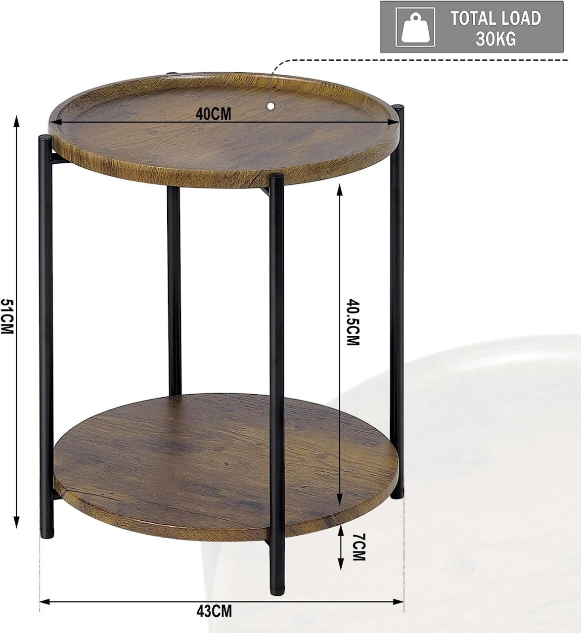 24goodz Round Coffee Table with 2 Shelves - Detachable Table Top - Sturdy Metal Frame - MDF + Metal - Vintage Wood Grain - 43.2 x 49.5 x 43.2 cm