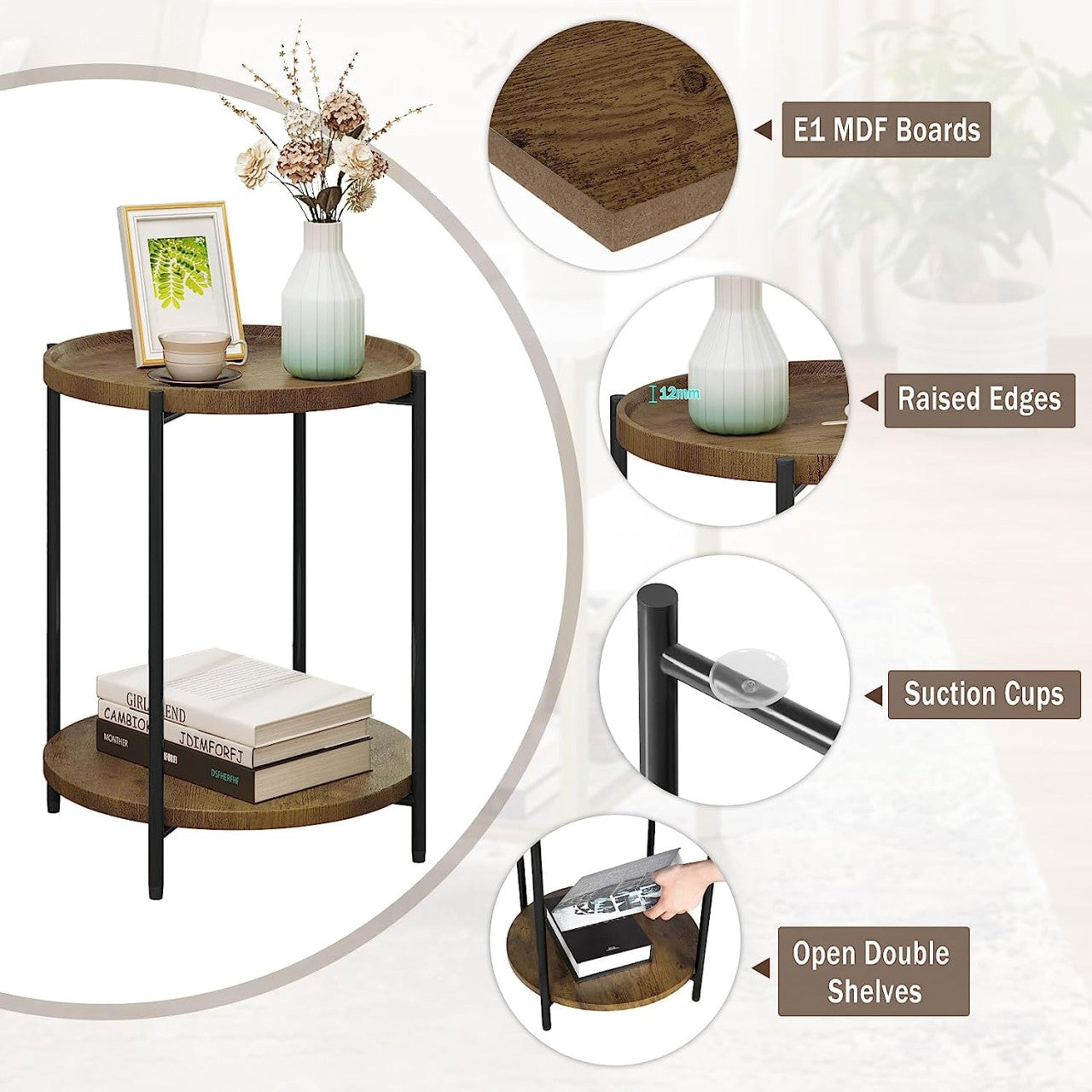 24goodz Round Coffee Table with 2 Shelves - Detachable Table Top - Sturdy Metal Frame - MDF + Metal - Vintage Wood Grain - 43.2 x 49.5 x 43.2 cm