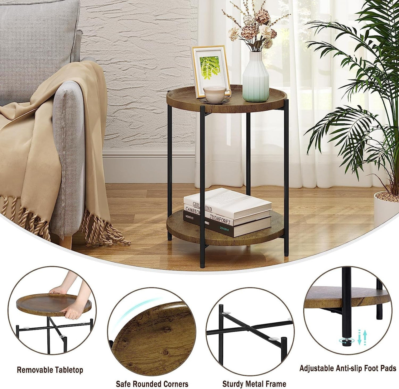 24goodz Round Coffee Table with 2 Shelves - Detachable Table Top - Sturdy Metal Frame - MDF + Metal - Vintage Wood Grain - 43.2 x 49.5 x 43.2 cm