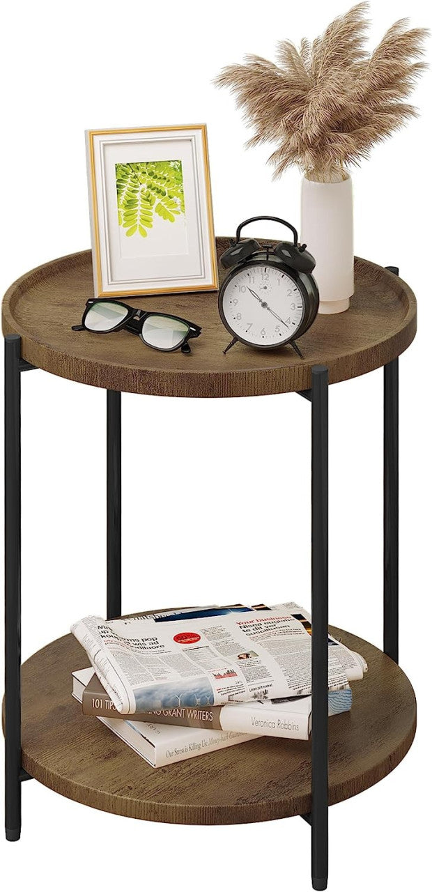 24goodz Round Coffee Table with 2 Shelves - Detachable Table Top - Sturdy Metal Frame - MDF + Metal - Vintage Wood Grain - 43.2 x 49.5 x 43.2 cm