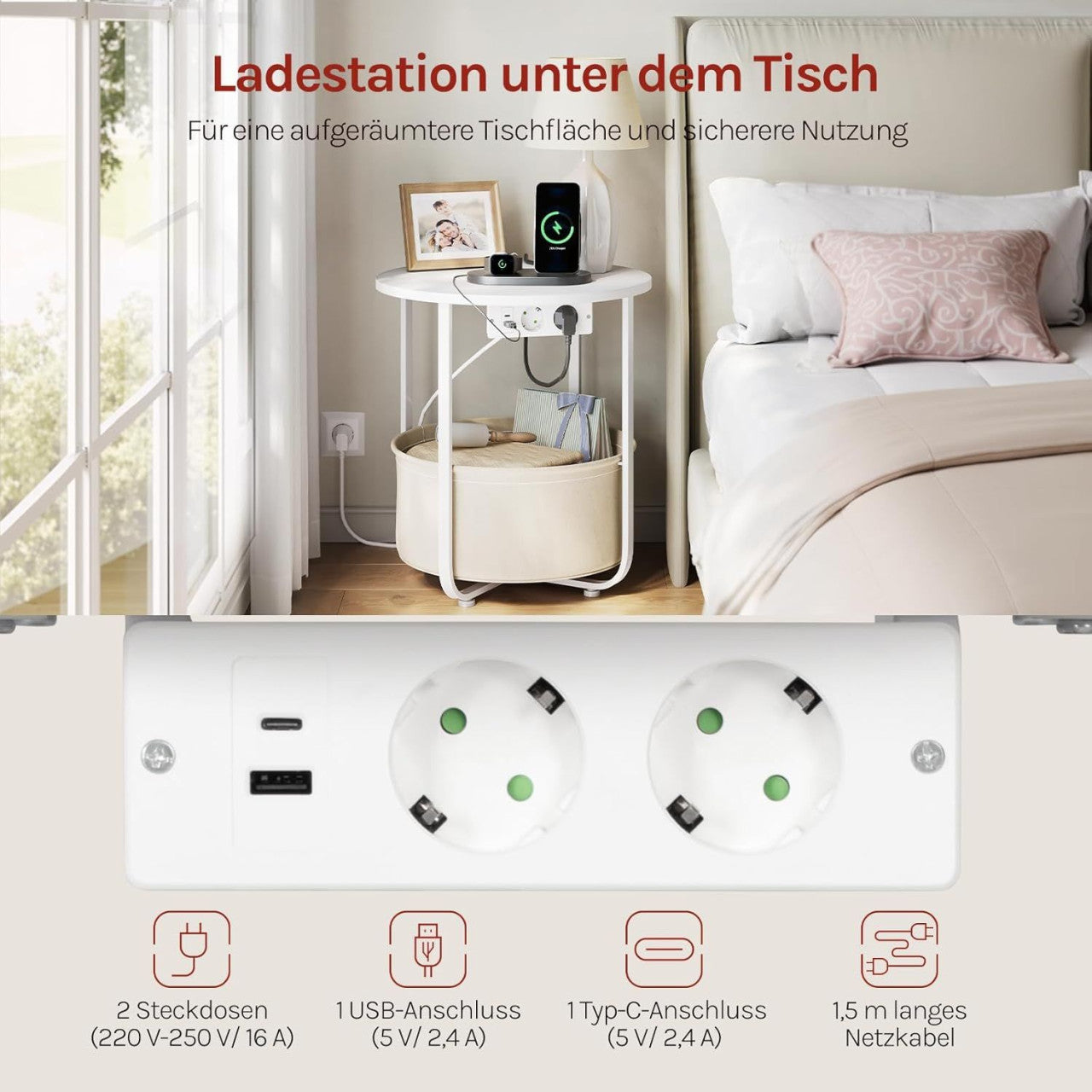 24goodz Round Coffee Table with Charging Function and Removable Basket - Space-Saving Design - MDF - For Living Room and Bedroom - White + Beige