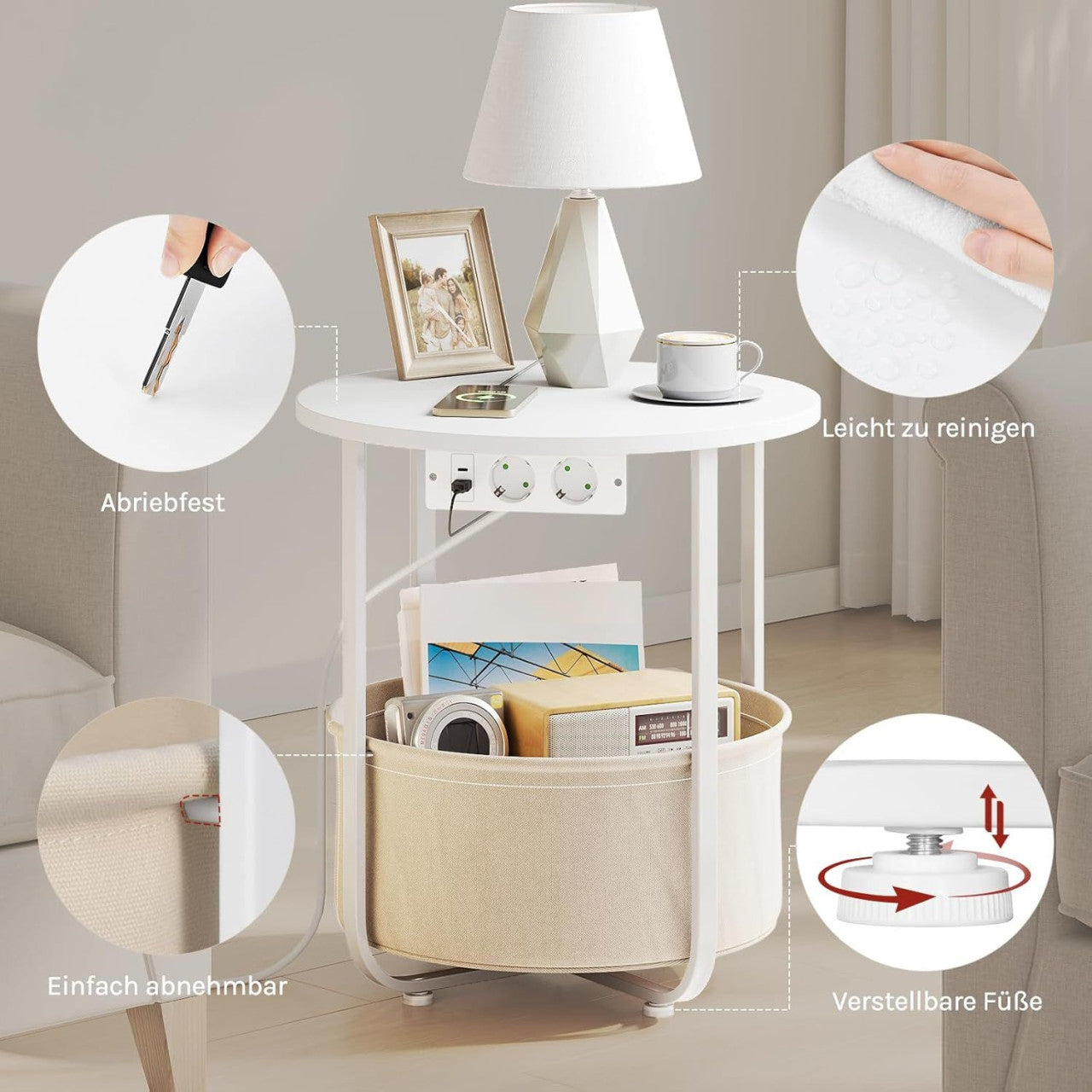 24goodz Round Coffee Table with Charging Function and Removable Basket - Space-Saving Design - MDF - For Living Room and Bedroom - White + Beige