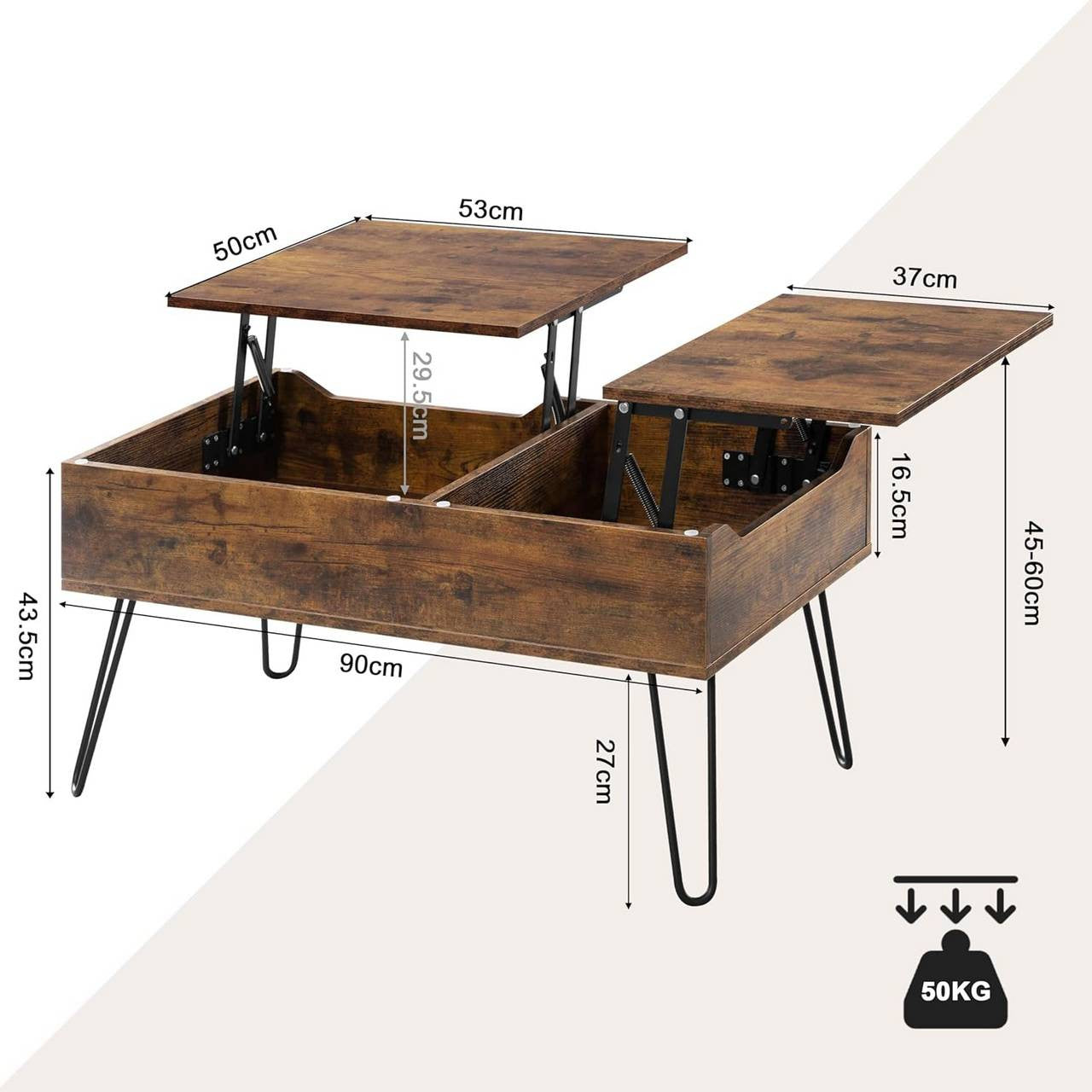 24goodz Lift-Top Coffee Table - Elegant Design - Ample Hidden Storage - Wood and Metal - Vintage Brown - 90x45x50 cm