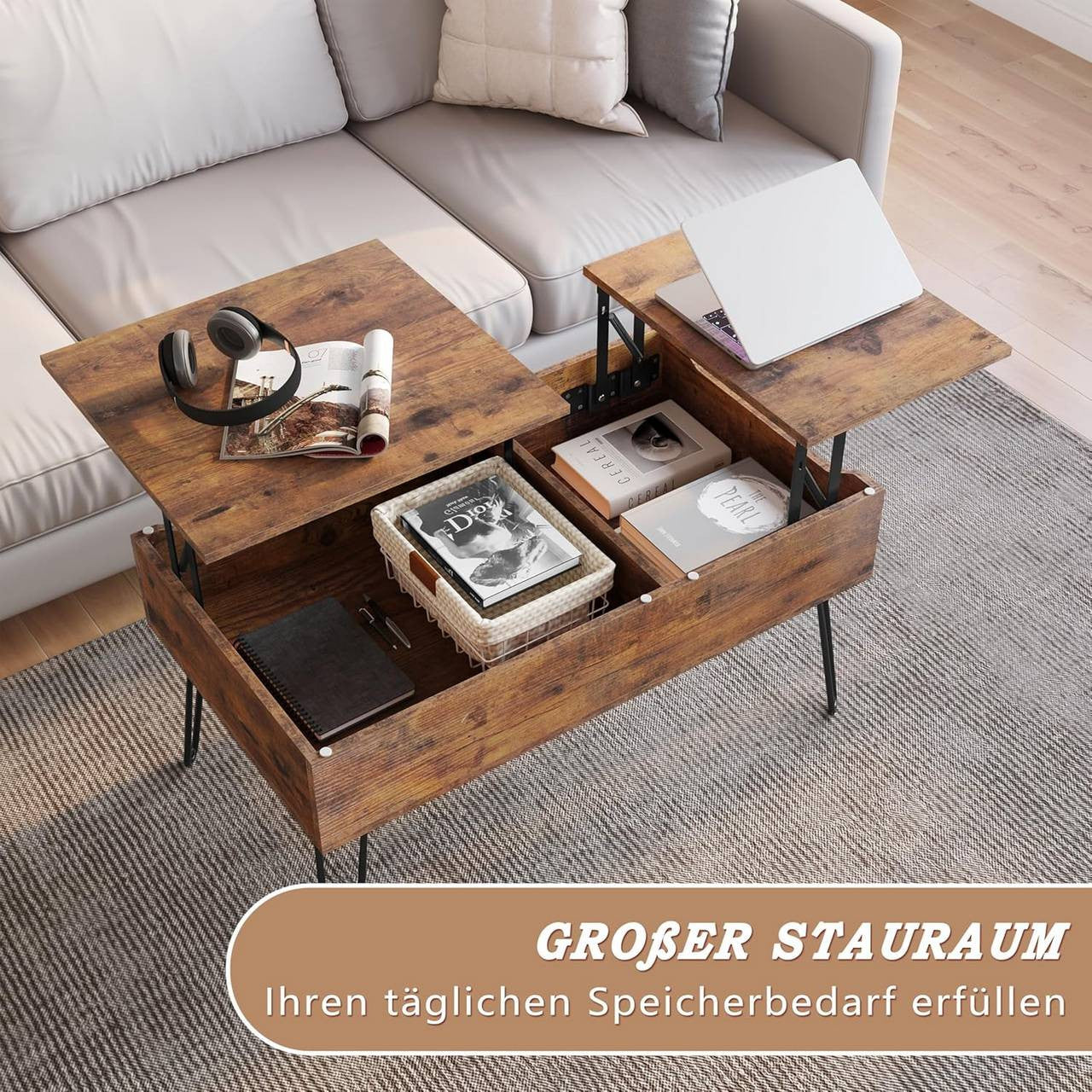 24goodz Lift-Top Coffee Table - Elegant Design - Ample Hidden Storage - Wood and Metal - Vintage Brown - 90x45x50 cm