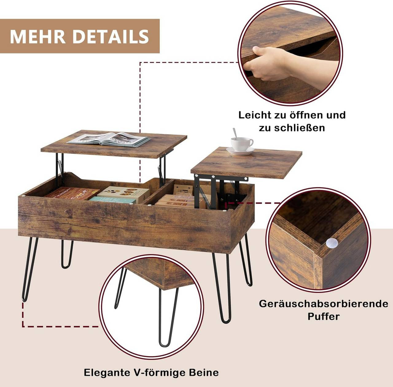 24goodz Lift-Top Coffee Table - Elegant Design - Ample Hidden Storage - Wood and Metal - Vintage Brown - 90x45x50 cm