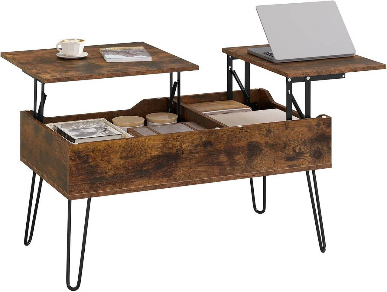 24goodz Lift-Top Coffee Table - Stylish and Functional - Wood and Metal - For Living Rooms - Vintage Brown