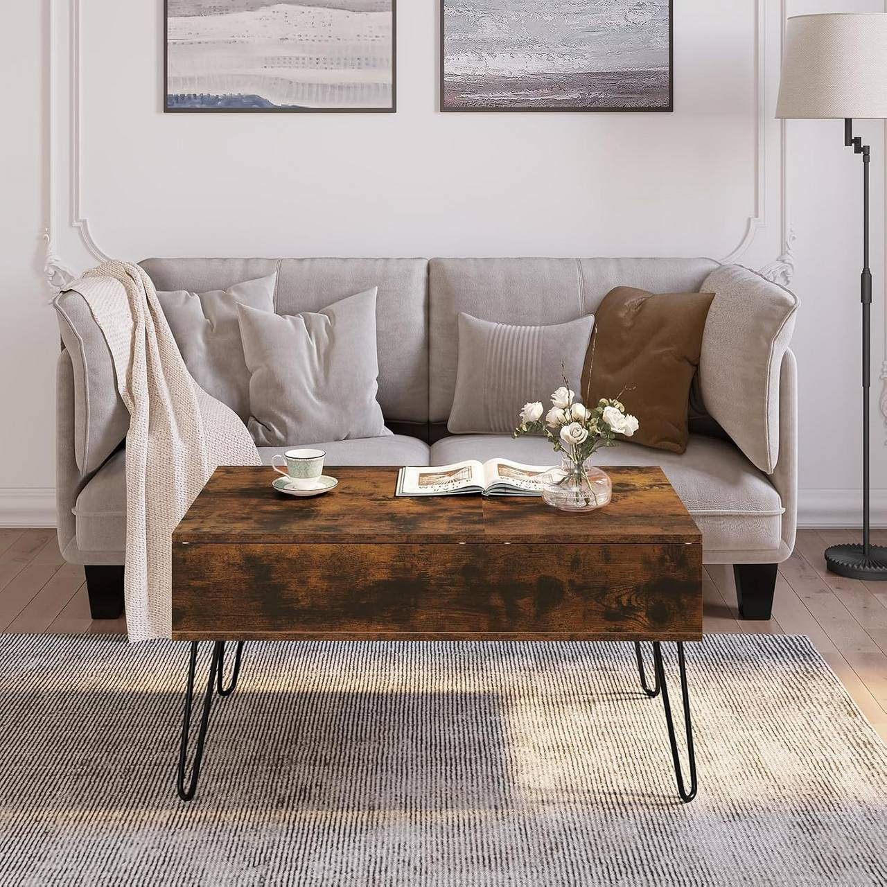 24goodz Lift-Top Coffee Table - Stylish and Functional - Wood and Metal - For Living Rooms - Vintage Brown