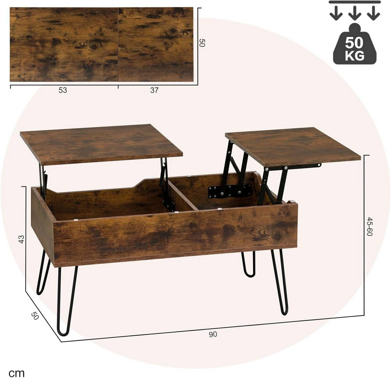 24goodz Lift-Top Coffee Table - Stylish and Functional - Wood and Metal - For Living Rooms - Vintage Brown