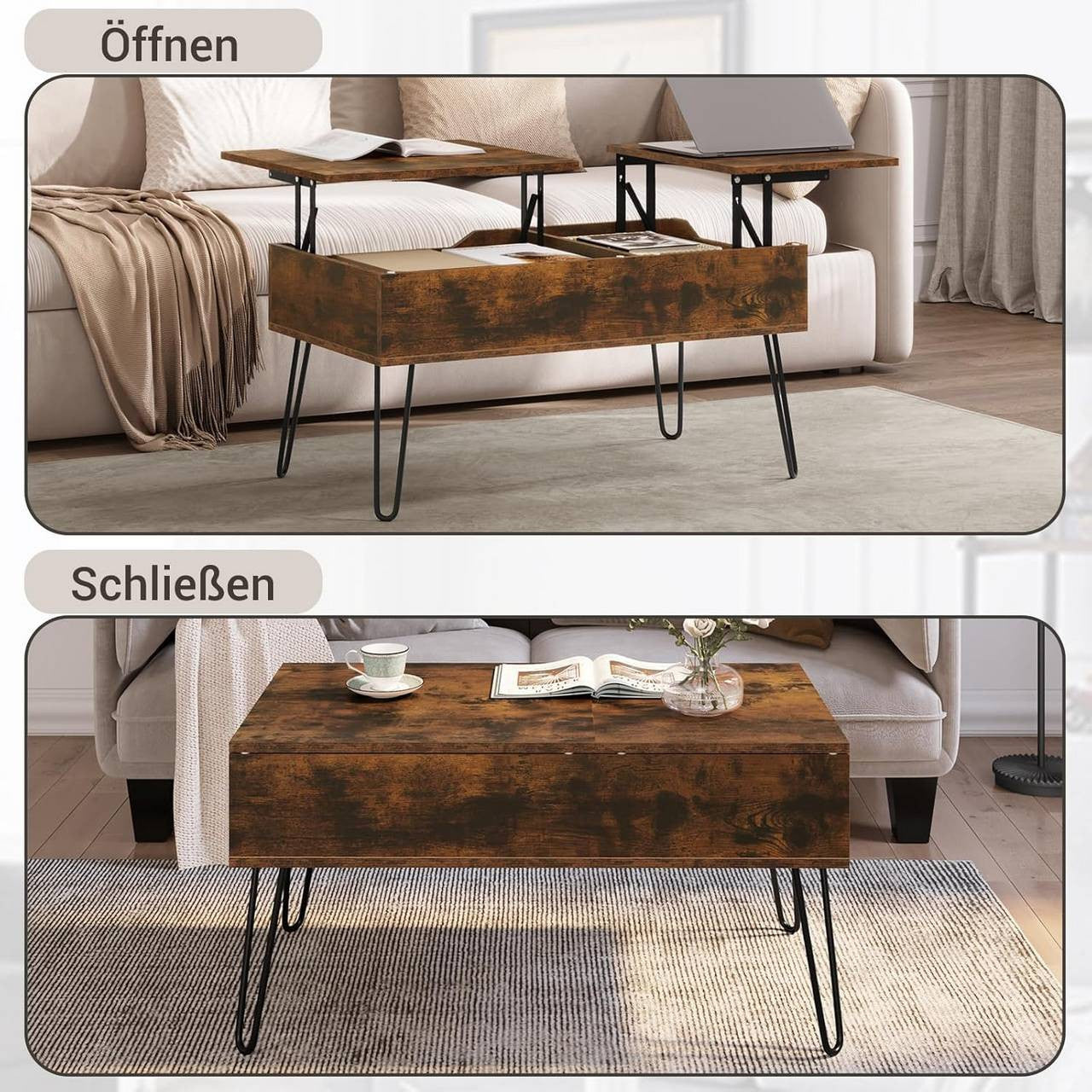 24goodz Lift-Top Coffee Table - Stylish and Functional - Wood and Metal - For Living Rooms - Vintage Brown