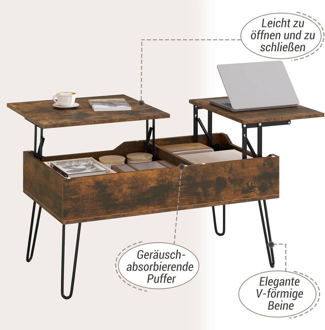 24goodz Lift-Top Coffee Table - Stylish and Functional - Wood and Metal - For Living Rooms - Vintage Brown