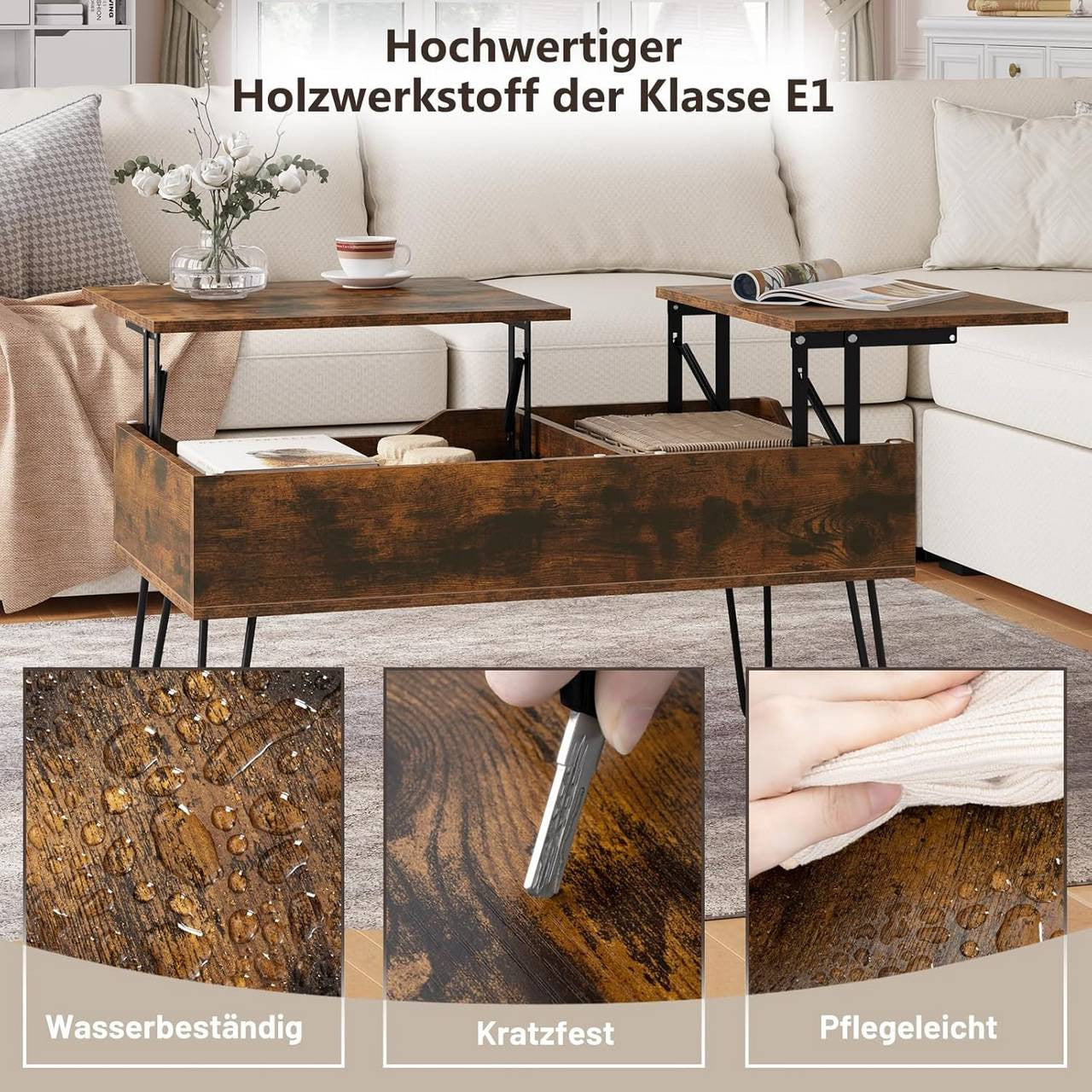 24goodz Lift-Top Coffee Table - Stylish and Functional - Wood and Metal - For Living Rooms - Vintage Brown