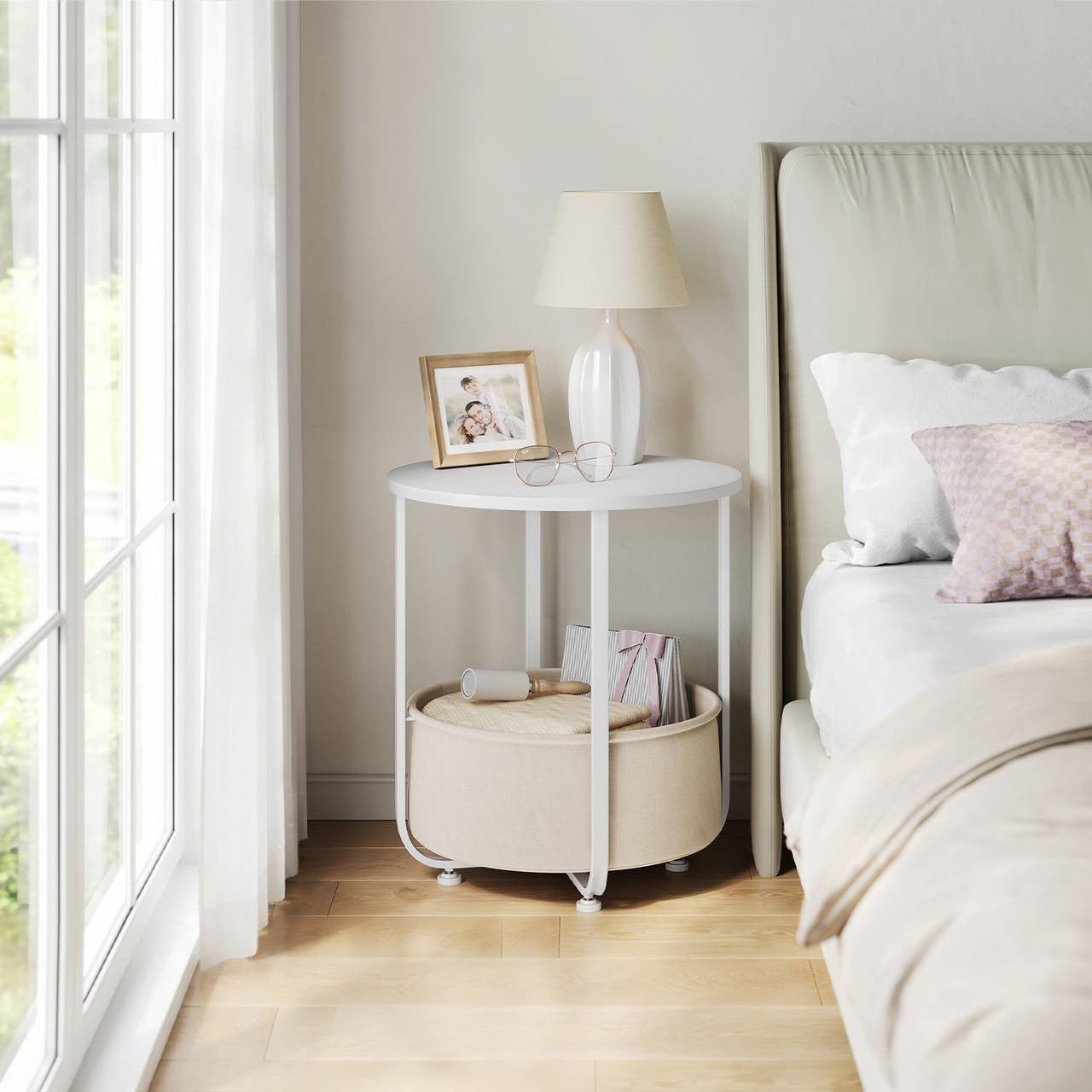24goodz Round Side Table - Easy Assembly - Compact Design - MDF - For Living Room or Bedroom - Beige/White