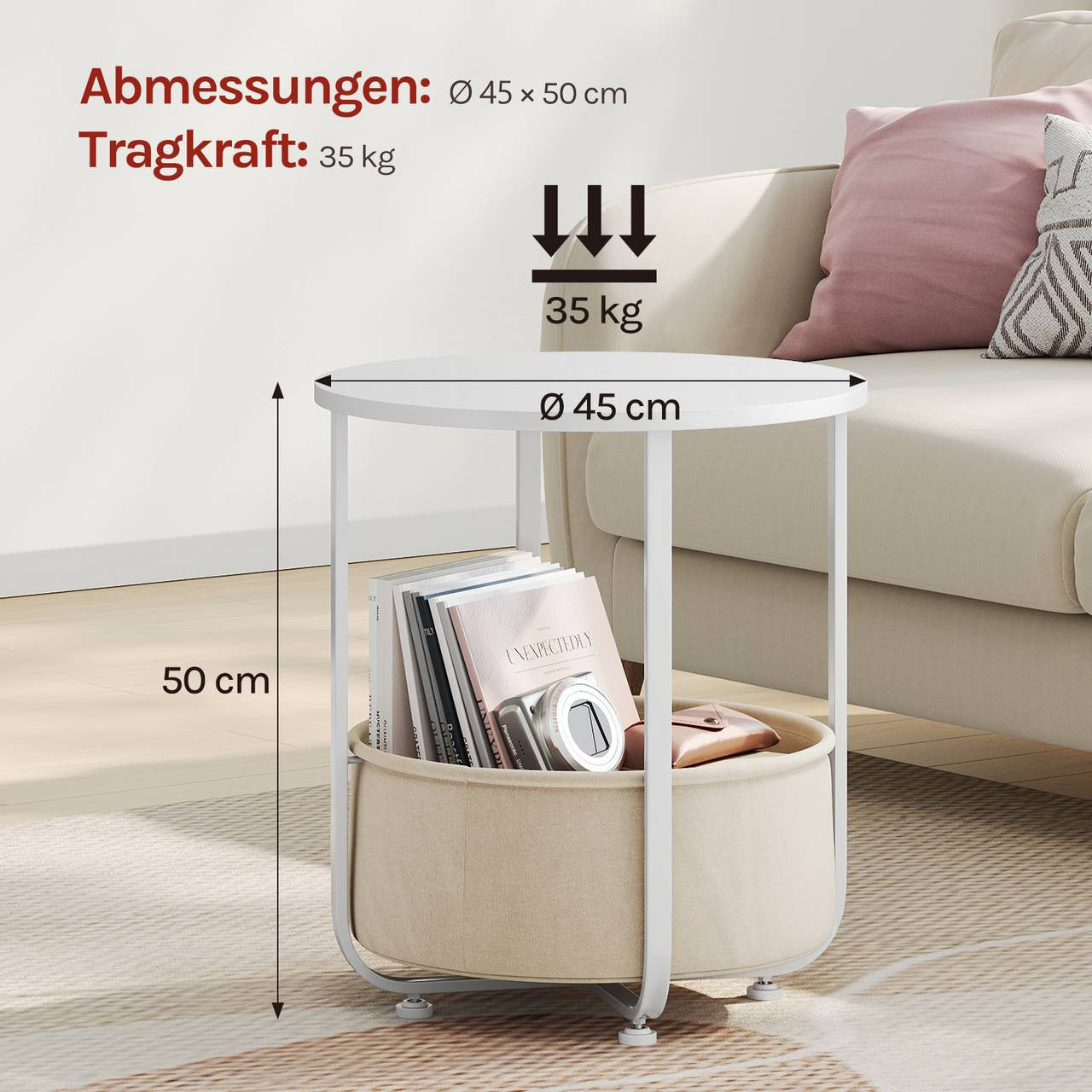 24goodz Round Side Table - Easy Assembly - Compact Design - MDF - For Living Room or Bedroom - Beige/White