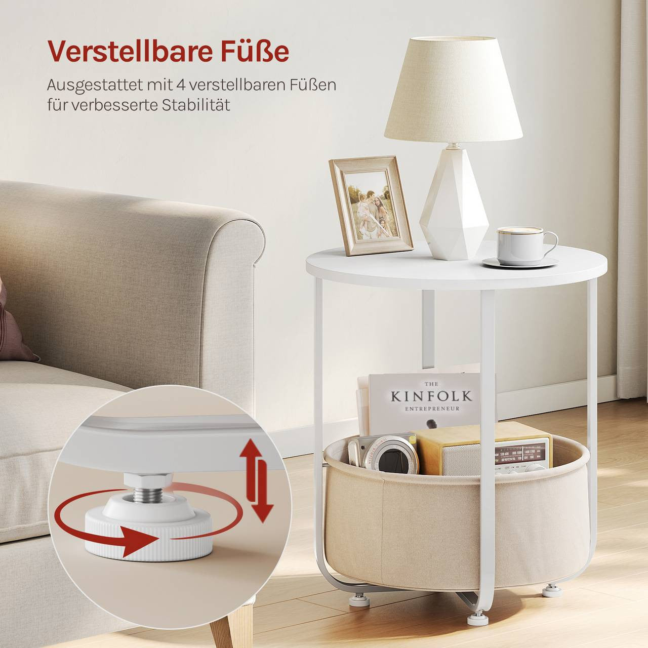24goodz Round Side Table - Easy Assembly - Compact Design - MDF - For Living Room or Bedroom - Beige/White