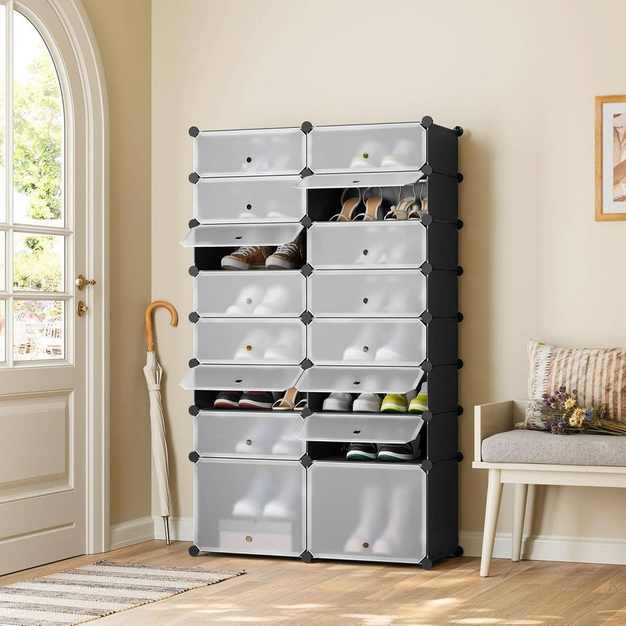24goodz DIY Shoe Rack - Ample Space for 32 Pairs - Flexible Design - PP + Metal - Black + White