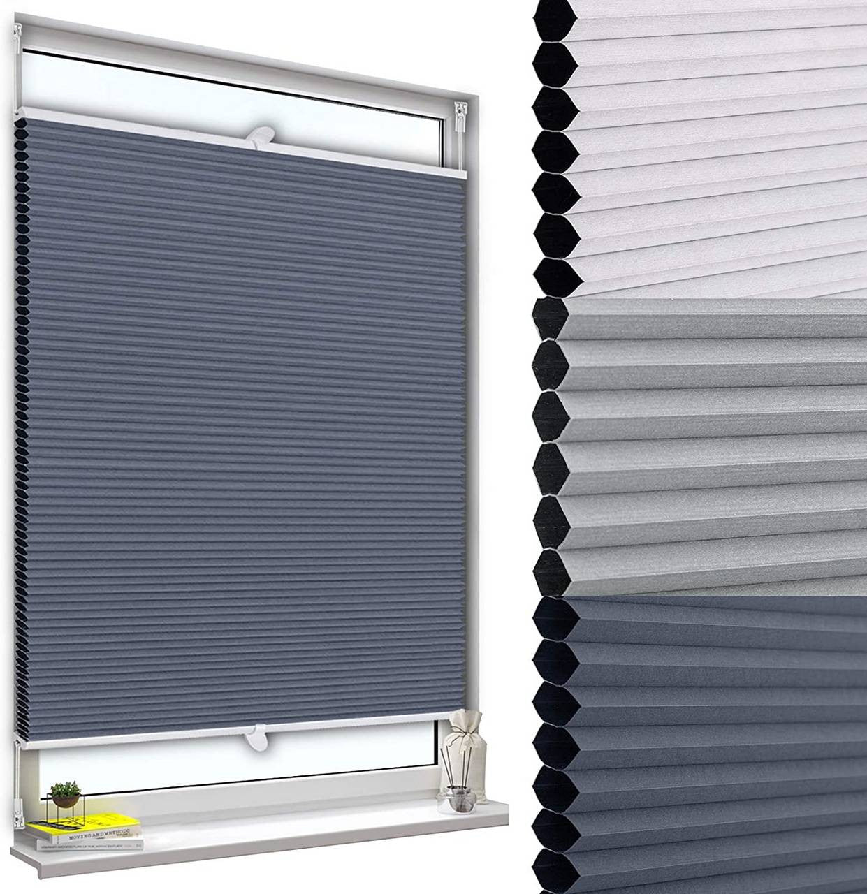 24goodz Honeycomb Pleated Blinds - Easy Installation Without Drilling - 100% Polyester - For Windows and Doors - Blue/White 75 x 120 cm