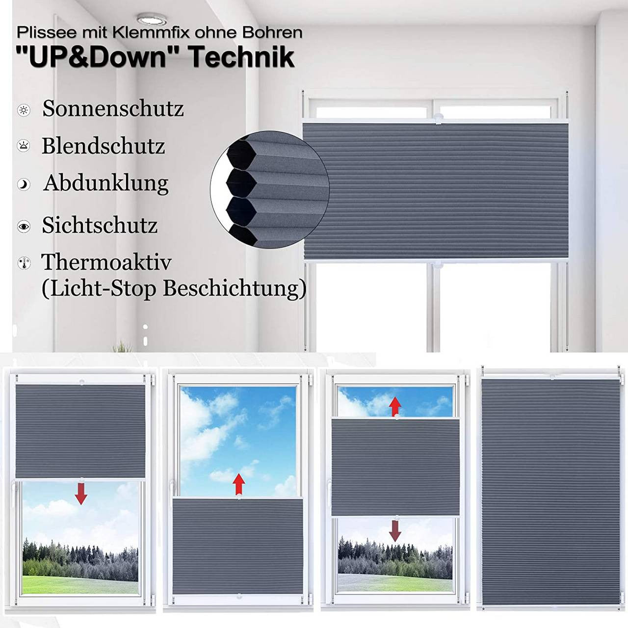 24goodz Honeycomb Pleated Blinds - No Drilling Required - Adjustable Light Control - 100% Polyester - For Windows and Doors - Blue/White 45-120 cm