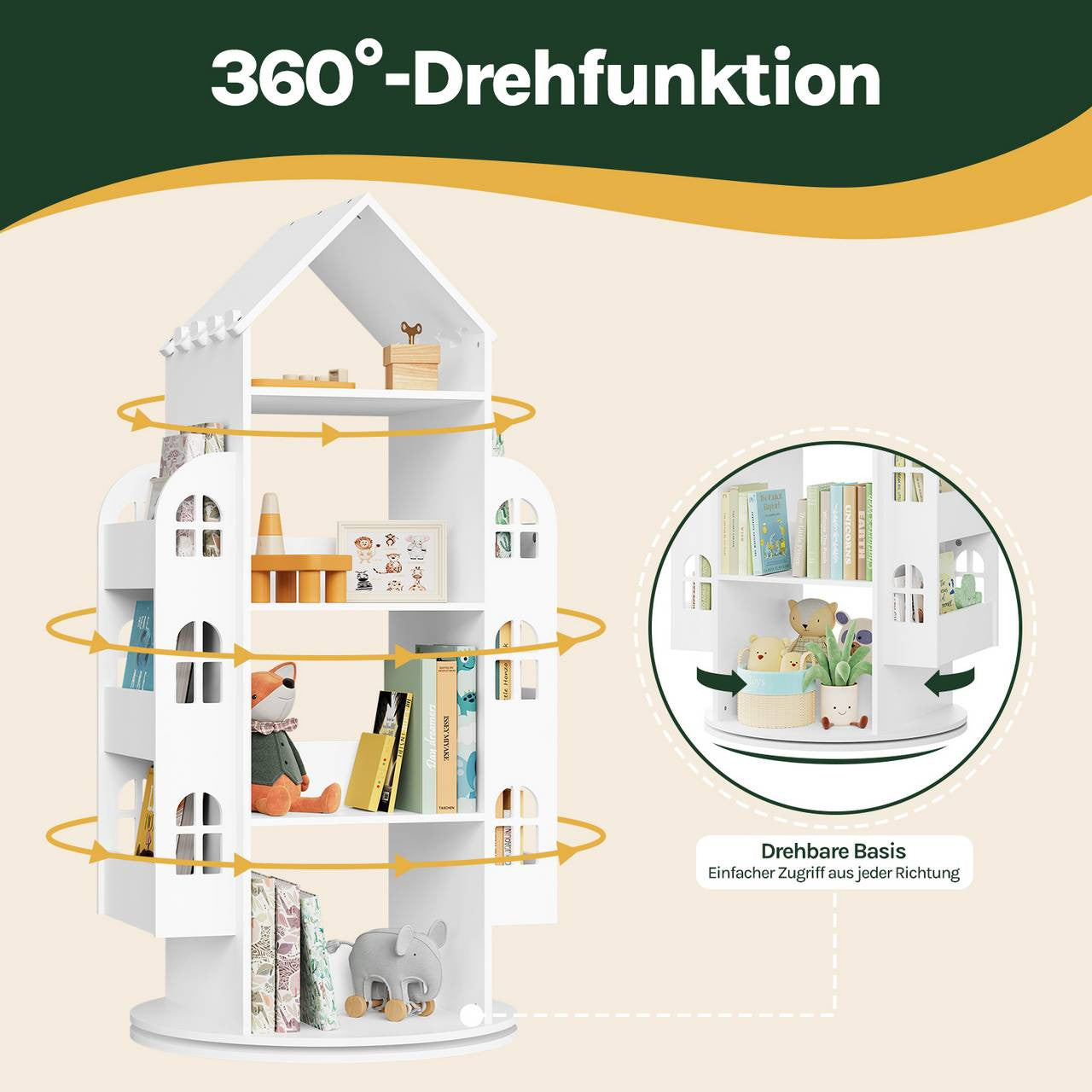 24goodz 360° Rotating Kids Bookshelf - Safe and Fun Design - MDF + Melamine Veneer - For Children - White
