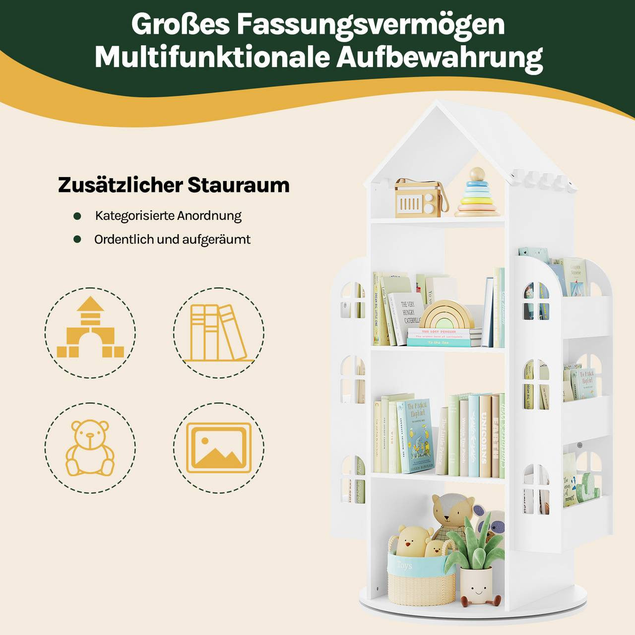 24goodz 360° Rotating Kids Bookshelf - Safe and Fun Design - MDF + Melamine Veneer - For Children - White