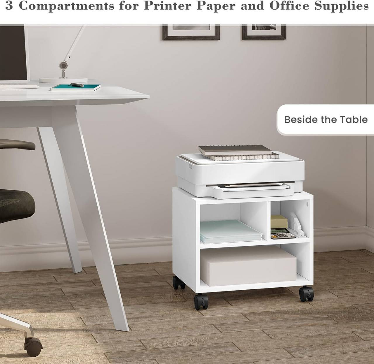 24goodz Printer Cart on Wheels - Ample Storage Space - Durable and Stable - E1 Wood with Melamine Finish - White - 40 x 35 x 30 cm
