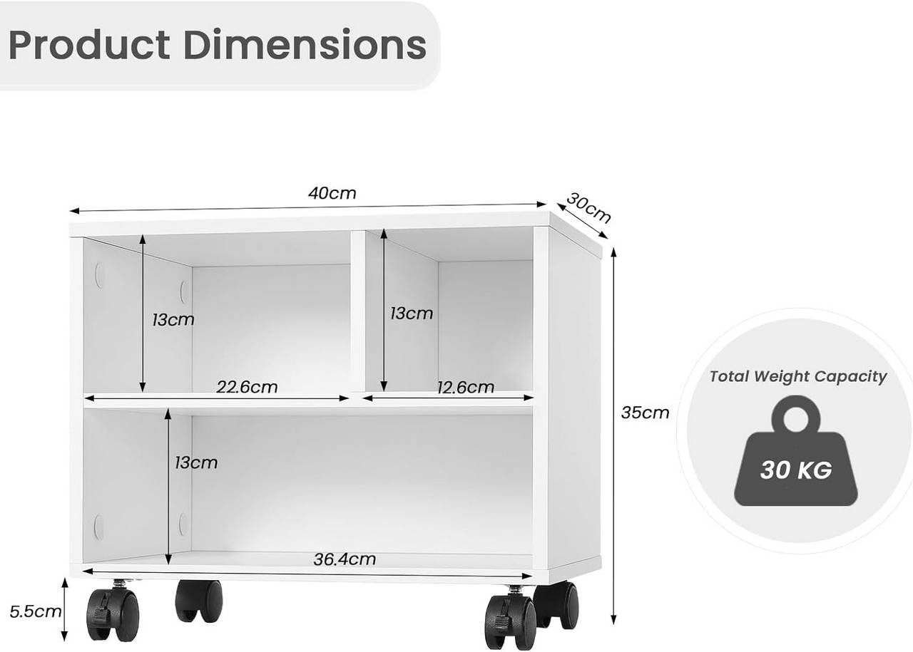 24goodz Printer Cart on Wheels - Ample Storage Space - Durable and Stable - E1 Wood with Melamine Finish - White - 40 x 35 x 30 cm