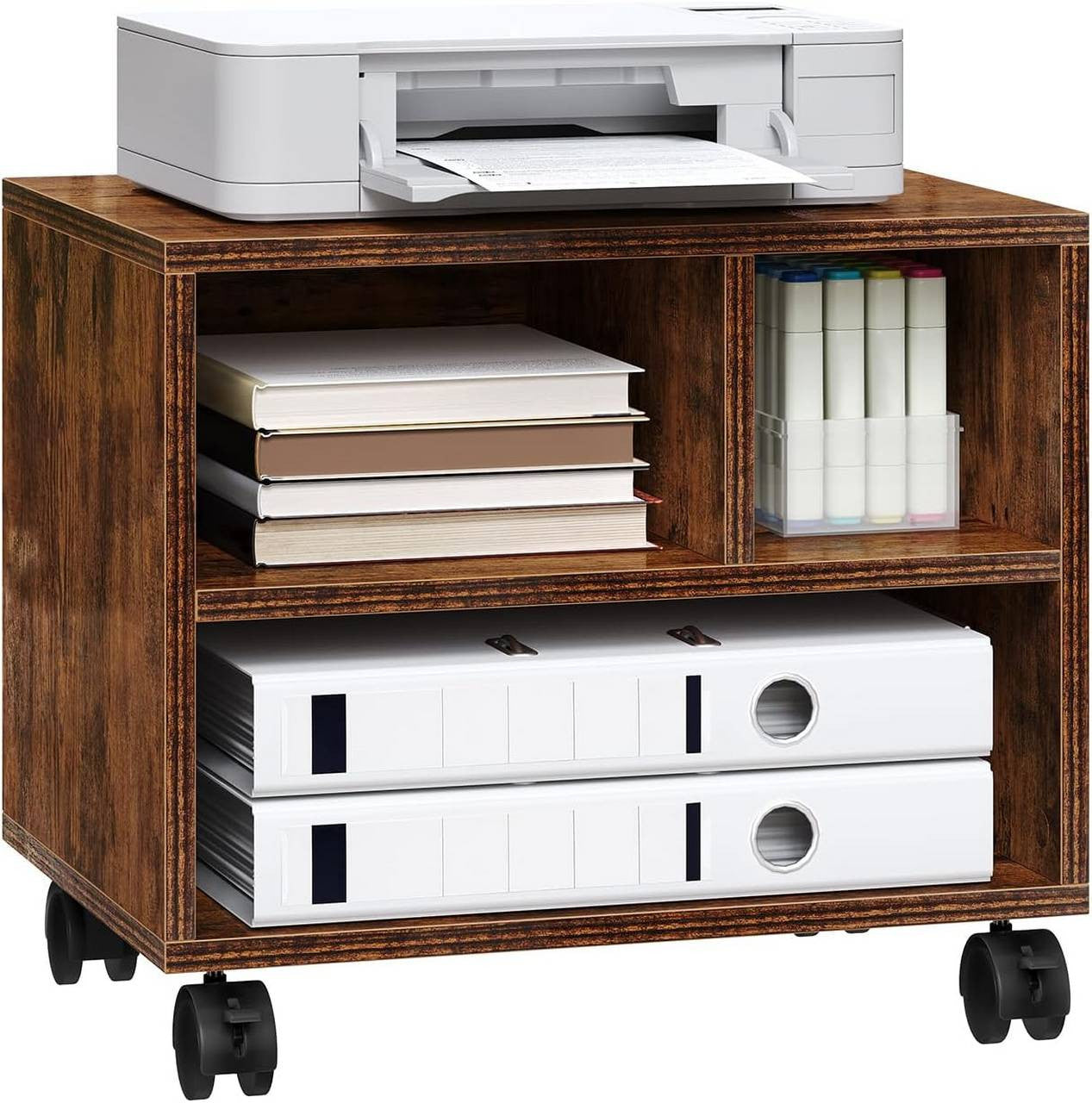 24goodz Printer Table on Wheels - Ample Storage Space - Durable & Stable - E1 Wood - For Home Office - Rustic Brown
