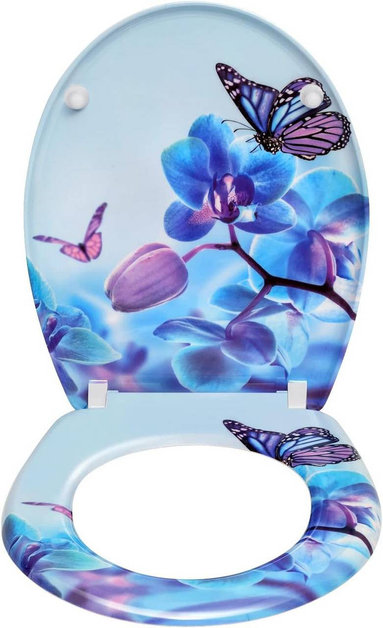 24goodz Duroplast Toilet Seat - Soft-Close Mechanism - Easy to Clean - Duroplast - For Everyone - Blue Phalaenopsis