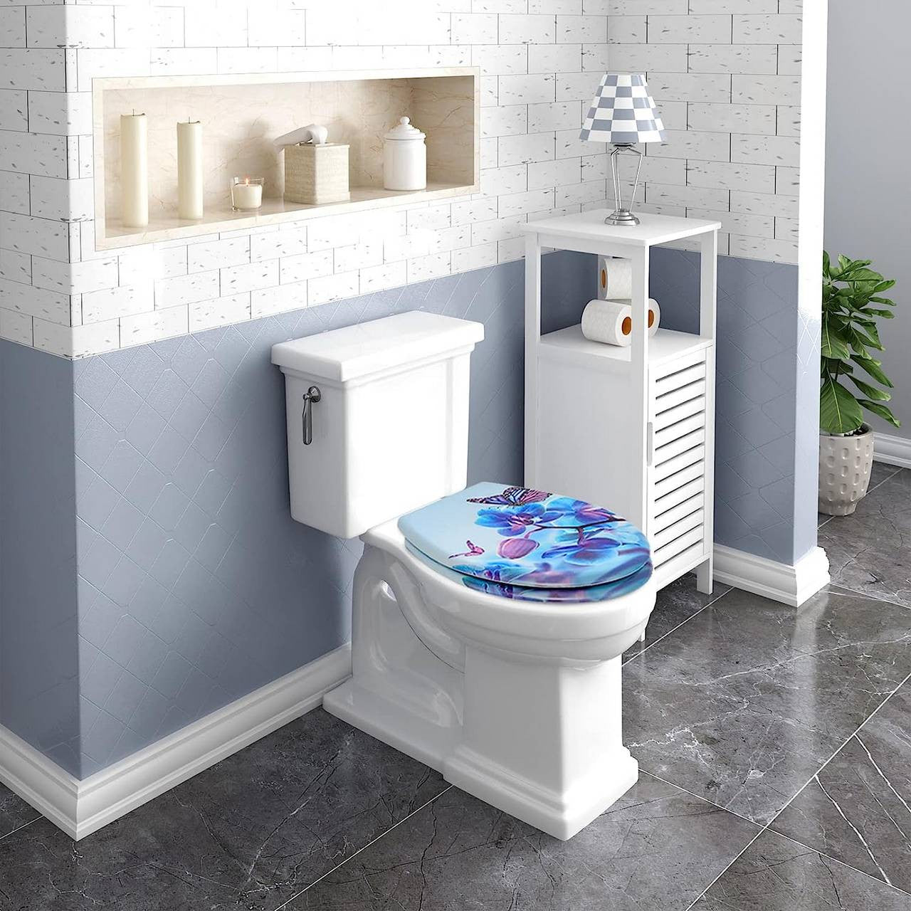 24goodz Duroplast Toilet Seat - Soft-Close Mechanism - Easy to Clean - Duroplast - For Everyone - Blue Phalaenopsis