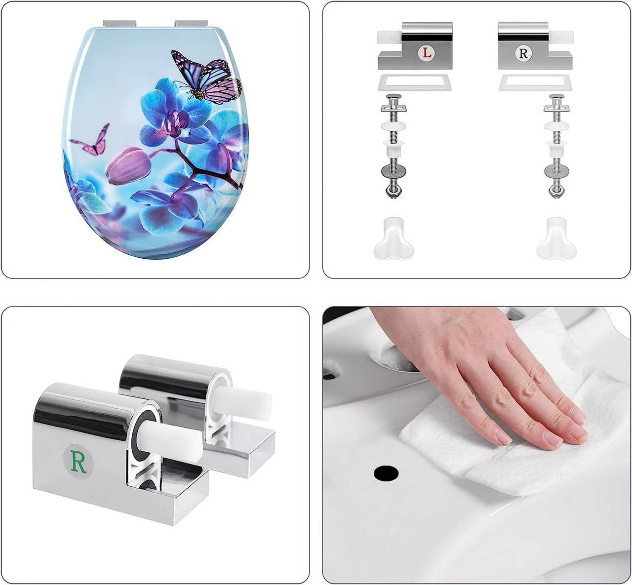 24goodz Duroplast Toilet Seat - Soft-Close Mechanism - Easy to Clean - Duroplast - For Everyone - Blue Phalaenopsis