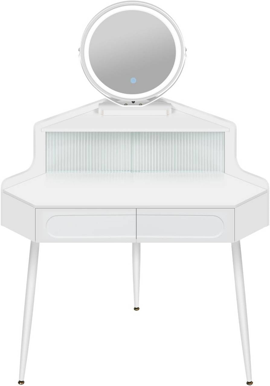 24goodz Corner Makeup Table with Mirror - Space-Saving Design - Dimmable Mirror - MDF - For Beauty Enthusiasts - White