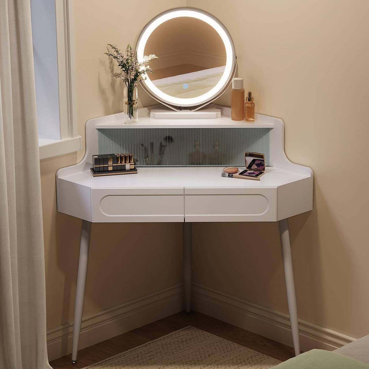 24goodz Corner Makeup Table with Mirror - Space-Saving Design - Dimmable Mirror - MDF - For Beauty Enthusiasts - White